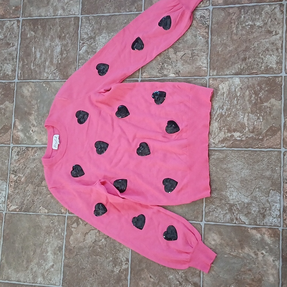 Marled Pink Like New!! With Black Hearts Sweater Very Soft Size XS